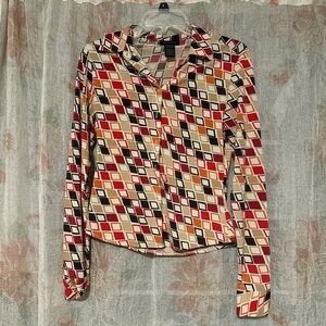 Multicoloured 80s Patterened Long Sleeve Button Up Blouse by The Limited